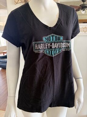Harley-Davidson Black V-Neck Rhinestone Logo Tee with Teal Accents Size XL